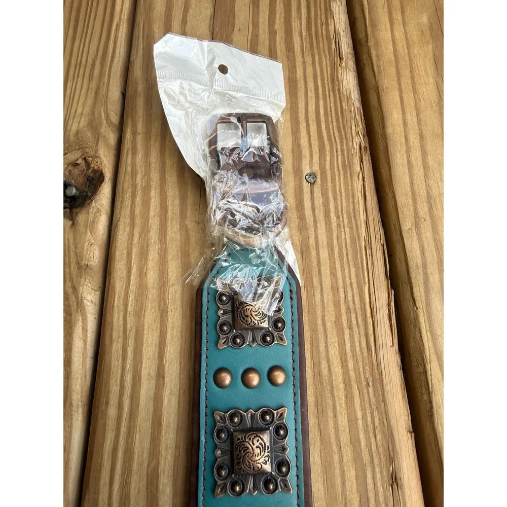 Brown Leather And Turquoise Studded Dog Collar Western Western 21.5